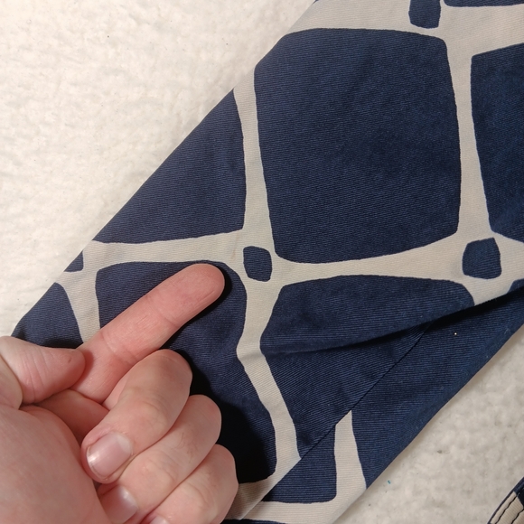 Boden Trench Coat Womens 8 Blue Cream Double Breasted  Belted Geometric - Picture 10 of 11